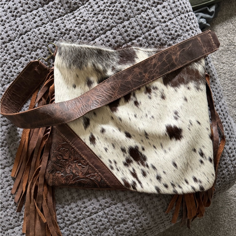 Large Brown and White Cowhide Fringe Bag